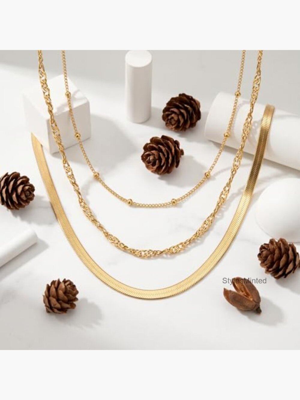 14k Gold Plated Snake Chain Choker Necklace Set 3 Layer Herringbone - Picture 3 of 7